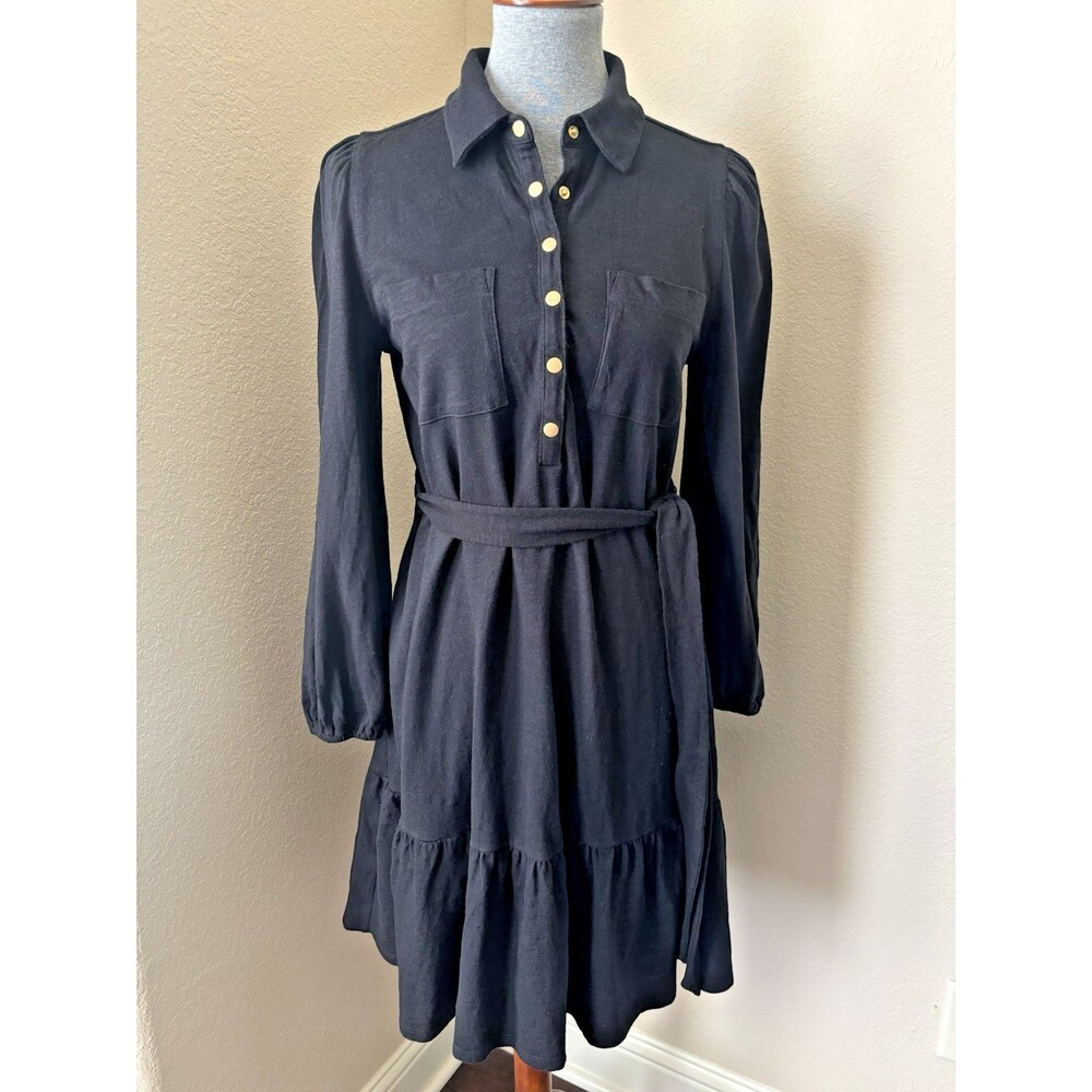 Ann Taylor Loft Women's Size Medium Black Long Sleeve Belted Peplum Hem Dress